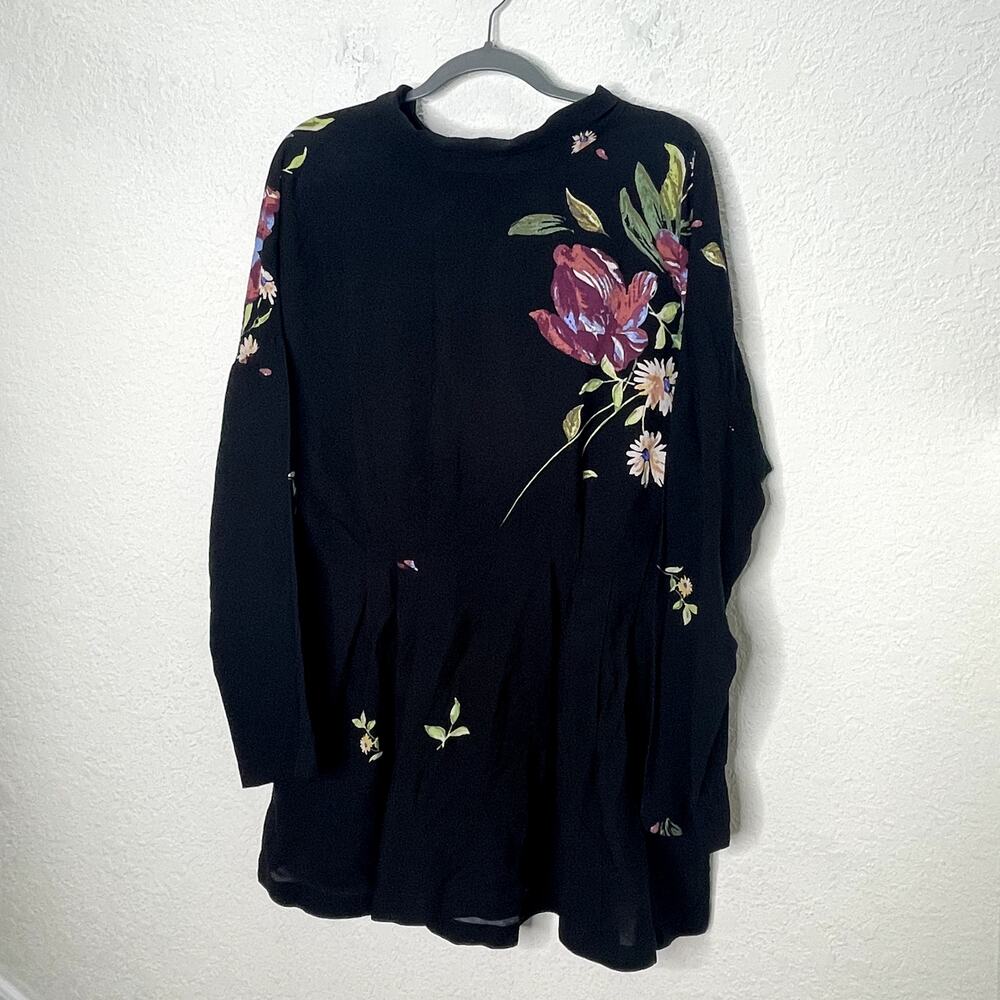 Free People Gemma Floral Tunic Mini Dress L Black Open Back Tie Boho Rayon
